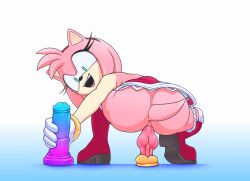 absurdres amy_rose anal anal_object_insertion animal_dildo animal_sex_toy anon0567 anus ass bad_tag canine_dildo crouching dildo dildo_sitting equine_dildo female from_behind furry hedgehog highres huge_ass loli looking_at_viewer looking_back masturbation no_panties object_insertion panties petite sega sex_toy simple_background solo sonic_(series) tail underwear