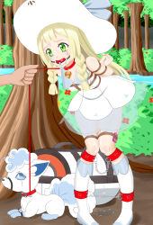 1girl 1other absurdres aibaihe alolan_form alolan_vulpix ankle_cuffs arms_behind_back bag bare_shoulders bdsm blonde_hair blue_eyes blunt_bangs blush bondage bound bound_arms bound_breasts bound_legs bound_torso braid breast_bondage breasts bush clenched_hand collar collarbone crying crying_with_eyes_open dress drooling duffel_bag embarrassed female_focus fingernails gen_7_pokemon green_eyes hat highres hunched_over kneehighs leaning_forward leash leash_pull leg_cuffs lillie_(pokemon) looking_at_another looking_to_the_side name_tag nintendo outdoors poke_ball poke_ball_(basic) pokemon pokemon_sm pussy_juice pussy_juice_drip pussy_juice_puddle pussy_juice_trail river rope saliva saliva_trail see-through_clothes see-through_dress sex_toy shibari shibari_over_clothes sidelocks skindentation sleeveless sleeveless_dress small_breasts socks sun_hat sweat sweatdrop tearing_up tears thighhighs tree twin_braids vibrator vibrator_cord vibrator_under_clothes white_dress