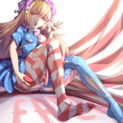 1girl absurdres american_flag_dress american_flag_legwear ass bad_feet blonde_hair boqee breasts cleft_of_venus closed_mouth clownpiece cum cum_in_mouth cum_on_body cum_on_tongue dress facial fellatio_gesture grabbing_own_ass hat highres jester_cap knees_up long_hair looking_at_viewer neck_ruff nipples no_wings pantyhose polka_dot purple_hat pussy red_eyes short_sleeves simple_background sitting small_breasts solo star_(symbol) star_print striped tongue tongue_out torn_clothes torn_dress torn_pantyhose touhou very_long_hair white_background
