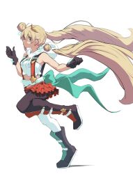 1girl ahoge asymmetrical_footwear asymmetrical_legwear black_boots black_gloves black_thighhighs blonde_hair boots crop_top crown detached_hair detached_hood double_bun facial_mark from_side gloves green_boots green_ribbon hair_between_eyes hair_bun highres kashiwaoishi long_hair mini_crown multicolored_boots red_boots red_eyes red_skirt reject_(esports) ribbon running skirt star-shaped_pupils star_(symbol) suspenders symbol-shaped_pupils thighhighs tooko_(vtuber) twintails very_long_hair virtual_youtuber white_background white_thighhighs