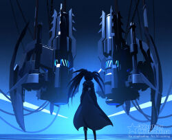 1girl 32zzz azur_lane black_coat black_hair black_rock_shooter black_rock_shooter_(character) black_shoes blue_theme coat from_behind highres long_hair rigging ship_turret shoes solo twintails watermark