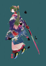 1girl asagiwa_ico bug butterfly expressionless full_body green_eyes green_hair high_heels highres holding holding_sword holding_weapon insect japanese_clothes katana kimono long_hair looking_at_viewer original ponytail solo sword weapon
