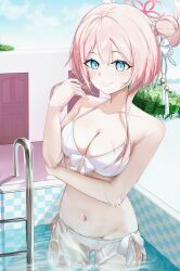 1girl absurdres arm_under_breasts bikini blue_archive bun_with_braided_base closed_mouth commentary_request hair_between_eyes hair_bun halo halterneck highres mimori_(blue_archive) mimori_(swimsuit)_(blue_archive) navel official_alternate_costume official_alternate_hairstyle pink_hair pink_halo pool pool_ladder sarong see-through_clothes see-through_sarong single_hair_bun single_side_bun smile solo swimsuit wading weeyi_33929439 white_bikini white_sarong