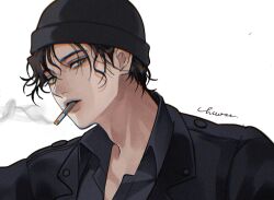 1boy akai_shuuichi artist_name beanie black_hair black_hat black_jacket black_shirt chitose_(chitose_70207) cigarette collared_shirt commentary_request green_eyes hair_between_eyes hat highres jacket looking_at_viewer male_focus meitantei_conan mouth_hold portrait shirt short_hair simple_background smoke smoking solo white_background