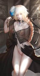 Rule 34 | 1girl, absurdres, black dress, black socks, blonde hair, blonde pubic hair, blue eyes, braid, braided ponytail, breasts, choker, clitoral hood, closed mouth, cowboy shot, dress, fate/apocrypha, fate (series), female focus, female pubic hair, flower, hair flower, hair ornament, hair ribbon, highres, indoors, jeanne d&#039;arc (fate), jeanne d&#039;arc (formal dress) (fate), jeanne d&#039;arc (ruler) (fate), kneehighs, long hair, looking at viewer, medium breasts, nipples, pubic hair, pussy, ribbon, see-through clothes, single braid, smile, socks, solo, tollrin-senpai, torn clothes, torn dress, uncensored, very long hair