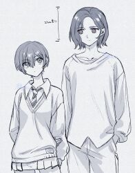 1boy 1girl amate_yuzuriha aqua_eyes blue_hair collared_shirt grey_background greyscale gundam gundam_gquuuuuux hand_in_pocket height_difference highres long_sleeves looking_at_another monochrome necktie qiu_lin red_eyes red_hair school_uniform shirt short_hair shuji_ito simple_background skirt spot_color sweater