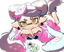 Rule 34 | :&gt;, @ @, black bra, black hair, bow, bow-shaped hair, bra, callie (splatoon), callie (unused coat outfit) (splatoon), cichuweijia, coat, cowlick, earrings, eye mask, eyelashes, feet up, fish (food), food, fur coat, gradient hair, hat, head on hands, jewelry, lollipop in mouth, long hair, long pointy ears, long sleeves, looking at viewer, lying, marie (splatoon), marie (squid sisters outfit) (splatoon), mole, mole under eye, multicolored hair, nintendo, on stomach, open clothes, open coat, pink coat, pink hat, pink leaf, pink shiso leaf, pointy ears, polka dot, polka dot hair, sashimi, shoes, short eyebrows, simple background, splatoon (series), splatoon 2, spotted hair, stuffed animal, stuffed toy, suction cups, swept bangs, tentacle hair, thick eyebrows, twintails, underwear, white background, yellow eyes, yellow pupils