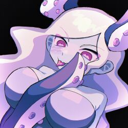 Rule 34 | 1girl, bare shoulders, blue skin, breasts, cleavage, close-up, closed mouth, colored skin, highres, large breasts, looking at viewer, molly (omori), omori, pink eyes, tentacle between breasts, tentacle hair, tongue, tongue out, upper body, white hair, yksm oe