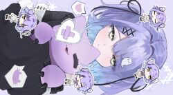 1girl black_cardigan cardigan chibi chibi_inset colored_inner_hair dow_suitable ghost_hair_ornament gradient_hair hair_ornament hair_ribbon hairpin heart highres holding holding_stuffed_toy light_smile looking_at_viewer multicolored_hair parted_bangs purple_background purple_hair ribbon shinomiya_runa shinomiya_runa_(1st_costume) sideways single_off_shoulder solo stuffed_toy two_side_up upper_body virtual_youtuber vspo! x_hair_ornament yellow_eyes