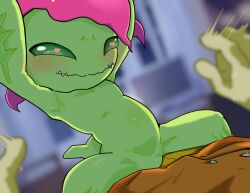colored_sclera dan_de_lion digimon digimon_(creature) girl_on_top gloves green_sclera grinding_over_clothes heart izumi_koshiro looking_at_another palmon petals sharp_teeth smile tail teeth
