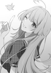 1girl ahoge bird breasts character_request commentary_request grey_background greyscale hand_up long_hair looking_at_viewer looking_back monochrome novel_illustration official_art one_eye_closed second-party_source shirt short_sleeves simple_background smile solo tomari_(veryberry00) tomodachi_no_imouto_ga_ore_ni_dake_uzai