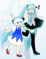 2girls ? absurdres black_footwear black_skirt black_sleeves blue_bow blue_dress blue_eyes blue_hair blue_necktie blush boots bow breasts cirno cirno_day closed_eyes collared_shirt commentary crossover detached_sleeves dreamysuite dress english_commentary full_body grey_shirt hair_between_eyes hatsune_miku highres ice ice_wings long_hair long_sleeves mary_janes miniskirt multiple_girls musical_note necktie official_style open_mouth parody pinafore_dress puffy_short_sleeves puffy_sleeves red_footwear shirt shoes short_hair short_sleeves skirt sleeveless sleeveless_dress sleeveless_shirt small_breasts smile socks style_parody thigh_boots touhou twintails very_long_hair vocaloid walking white_shirt white_socks wings zoom_layer zun_(style)