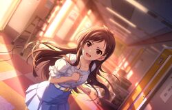 Rule 34 | 1girl, belt, brown hair, cable, door, flower, game cg, hair flower, hair ornament, hallway, idolmaster, idolmaster cinderella girls, idolmaster cinderella girls starlight stage, ladder, official art, open mouth, puffy sleeves, red eyes, skirt, solo, tsujino akari, window