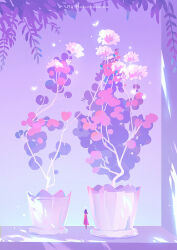 1girl artist_name black_hair branch dress flower halo highres huhv. leaf long_hair mini_person minigirl original pink_flower plant potted_plant purple_background purple_theme red_dress scenery shadow solo standing tree white_flower wide_shot