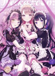 3girls absurdres apron arm_ribbon bandaged_arm bandages bandaid bandaid_on_arm black_dress black_hair black_shoes blonde_hair blush closed_mouth commentary_request dress flower frilled_apron frills hair_ornament heart heart-shaped_pupils heterochromia highres kappe_reeka long_hair maid maid_headdress mole mole_under_mouth multiple_girls open_mouth original pink_background pink_eyes pink_hair pink_ribbon purple_eyes purple_flower purple_rose red_flower red_rose ribbon rose shoes short_sleeves smile socks symbol-shaped_pupils white_apron white_socks x_hair_ornament yellow_eyes yellow_flower yellow_rose