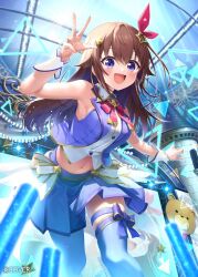 Rule 34 | 1girl, :d, ankimo (tokino sora), armpits, blue eyes, blue ribbon, blue skirt, blue thighhighs, blue vest, bow, bowtie, brown hair, collared shirt, commentary request, concert, copyright notice, cropped shirt, cropped vest, diamond hair ornament, glowstick, gold trim, hair flaps, hair ornament, hair ribbon, hairclip, hololive, idol, kito koruta, leg ribbon, long hair, looking at viewer, midriff, miniskirt, navel, neck ribbon, official art, open mouth, penlight (glowstick), pleated skirt, red bow, red bowtie, red ribbon, ribbon, shirt, skirt, sleeveless, sleeveless shirt, smile, solo, star (symbol), star hair ornament, thigh ribbon, thighhighs, tokino sora, tokino sora (1st costume), vest, virtual youtuber, waist cape, white shirt, wrist cuffs