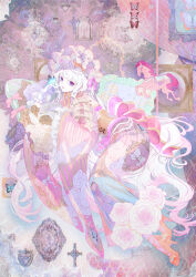 Rule 34 | 1girl, absurdres, angel print, antique phone, back bow, bead belt, beads, blue butterfly, blue eyes, bow, bow print, bracelet, brown corset, bug, butterfly, butterfly on hand, candelabra, candlestand, carousel, chin strap, colored eyelashes, corset, cross, curtains, fanged bangs, floral print, flower, flower trim, footwear bow, framed insect, frilled gloves, frilled kimono, frilled pillow, frilled sleeves, frills, full body, gem, gloves, green gemstone, hair beads, hair bow, hair ornament, hairband, hand up, heart, high heels, highres, hugging object, insect, japanese clothes, jewelry, kimono, lamp, lolita fashion, lolita hairband, long hair, lying, mobile, nanase miri, official art, on side, orange bow, orange shoes, original, pantyhose, parted lips, pastel colors, pearl bracelet, picture frame, pillow, pillow hug, pink bow, pink butterfly, pink flower, pink kimono, pink pantyhose, pink rose, print kimono, pumps, reclining, red pupils, rose, rose print, shoes, sidelocks, sideways glance, sleeve bow, striped clothes, striped kimono, symbol-shaped pupils, vertical-striped clothes, vertical-striped kimono, very long hair, virgin mary, wa lolita, wavy hair, white bow, white gloves, white hair, wide sleeves
