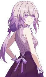 1girl alternate_costume back_ribbon black_skirt castorice_(honkai:_star_rail) commentary english_commentary grey_sweater hair_intakes highres honkai:_star_rail honkai_(series) long_hair looking_at_viewer pointy_ears prickly-chan_(ycactussprout) purple_eyes purple_hair purple_ribbon ribbed_sweater ribbon simple_background skirt sleeveless sleeveless_turtleneck smile solo sweater turtleneck very_long_hair white_background wrist_cuffs