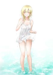 1girl absurdres blonde_hair breasts collarbone commentary dress highres kingdom_hearts kingdom_hearts_ii long_hair namine open_mouth see-through_clothes see-through_dress sleeveless smile solo stubox15 water wet wet_clothes wet_dress white_dress