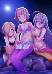 3girls absurdres ahoge bikini bikini_top_only blonde_hair blue_tail blush braid brown_eyes commentary commentary_request commission grey_eyes grey_hair hair_flaps hair_intakes hair_ornament hair_over_one_eye hairclip highres hoshi_syoko huge_ahoge idolmaster idolmaster_cinderella_girls kawaii_boku_to_142&#039;s_(idolmaster) koshimizu_sachiko loincloth long_hair mermaid monster_girl multiple_girls navel pink_tail purple_hair sakaki_imasato shirasaka_koume short_hair side_braid single_braid skeb_commission smile swimsuit yellow_tail