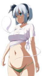 1girl absurdres bikini bikini_top_under_shirt bikini_under_clothes black_hairband breasts green_bikini green_eyes grey_hair hairband highres konpaku_youmu konpaku_youmu_(ghost) medium_breasts nori_tamago shirt short_hair simple_background solo swimsuit touhou white_background white_shirt
