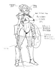 Rule 34 | bikini, boots, bracer, character profile, dovahkiin, dovakini-chan (nisetanaka), fake horns, helmet, holding, holding shield, holding sword, holding weapon, horned helmet, micro bikini, monochrome, nisetanaka, ponytail, shield, simple background, sketch, swimsuit, sword, the elder scrolls, the elder scrolls v: skyrim, thighhighs, weapon, white background