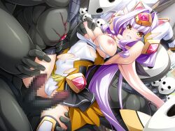 1girl 3boys armpits arms_up azarin_(kouyoku_senki_exs-tia) black_skirt breasts cameltoe censored clenched_teeth covered_navel elbow_gloves exs-tia_magica forehead_protector game_cg gangbang gloves grabbing_another&#039;s_breast grimrian groping group_sex hair_intakes hetero imminent_penetration imminent_rape imminent_vaginal inoino interspecies kouyoku_senki_exs-tia large_breasts large_variant_set leg_grab leotard long_hair magical_girl mask monster mosaic_censoring multiple_boys nipples non-web_source official_art penis purple_hair rape restrained scarf shiny_skin skirt solo_focus spread_legs teeth thighhighs torn_clothes torn_leotard variant_set very_long_hair white_gloves white_leotard yellow_eyes