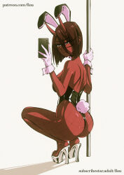 Rule 34 | 1girl, alternate skin color, animal ears, black leotard, colored skin, commentary, english commentary, fake animal ears, fishnet pantyhose, fishnets, flou-sona (flou), flou (flou art), glasses, high heels, highres, holding, holding phone, holding pole, horns, leotard, original, pantyhose, phone, playboy bunny, pole, rabbit tail, red skin, solo, squatting, strapless, strapless leotard, tail, watermark, web address