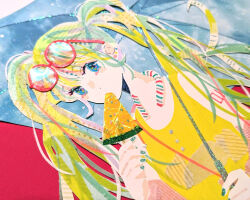 Rule 34 | 1girl, aqua eyes, aqua hair, bare shoulders, blonde hair, blue umbrella, cellphone, close-up, commentary request, ear piercing, earrings, eyewear on head, flower, food, food in mouth, green nails, hand up, hatsune miku, highres, hobby knife, holding, holding umbrella, jewelry, lanyard, long hair, looking at viewer, masking tape (medium), mixed media, multicolored hair, parasol, phone, photo (medium), piercing, popsicle, ryono, shoulder tattoo, sidelocks, skirt, smartphone, solo, streaked hair, sunglasses, tank top, tattoo, traditional media, twintails, umbrella, unconventional media, upper body, vocaloid, watermark, watermelon bar, web address, yellow tank top