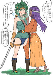 2girls ^_^ absurdres blue_panties blush boots bracelet brown_footwear circlet closed_eyes dark-skinned_female dark_skin dragon_quest dragon_quest_iv dress forehead_jewel from_side gem gold_bracelet green_gemstone green_hair green_tunic hands_up healing heroine_(dq4) highres holding holding_sword holding_weapon jewelry knee_blush long_hair long_sleeves looking_at_another magic minea_(dq4) multiple_girls open_mouth orange_dress panties profile purple_hair s_k_(shiro_karasu) short_hair shoulder_blush single_bare_leg single_bare_shoulder single_sleeve slippers smile speech_bubble sword thighlet translation_request tunic underwear weapon yuri