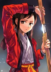 1girl bakumatsu_rouman brown_eyes brown_hair expressionless hakama highres japanese_clothes katana looking_at_viewer otsudou red_hakama sheath solo split_ponytail sword takane_hibiki unsheathing upper_body weapon