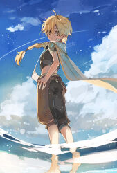 Rule 34 | 1boy, aether (genshin impact), ahoge, armor, artist name, back, baggy pants, barefoot, belt, black pants, black shirt, blonde hair, blue sky, braid, brown belt, brown eyes, brown pants, cape, cloud, cloudy sky, day, earrings, from behind, full body, genshin impact, gold trim, hair between eyes, hair ornament, hair ribbon, highres, jewelry, long hair, looking at viewer, looking back, male focus, ocean, outdoors, pants, ribbon, sakusakuagetate, scarf, shirt, short sleeves, shoulder armor, single earring, sky, solo, standing, teeth, two-tone pants, water, white cape, white ribbon, white scarf