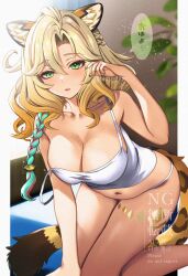 1girl alternate_costume animal_ears bare_arms bare_shoulders blonde_hair blush breasts cleavage genshin_impact green_eyes hair_between_eyes hand_up highres kneeling large_breasts long_hair looking_at_viewer navel panties parted_lips seiru_(prairie) shirt solo tail thighs twitter_username underwear white_panties white_shirt xilonen_(genshin_impact)