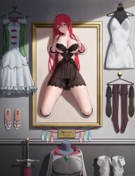a1ter ahoge babydoll bare_shoulders black_babydoll black_gloves black_panties black_thighhighs blue_eyes breasts cape cleavage condom dress gloves highres large_breasts long_hair panties re:zero_kara_hajimeru_isekai_seikatsu red_hair restrained sweat sword theresia_van_astrea thighhighs underwear unworn_cape unworn_dress unworn_gloves unworn_thighhighs used_condom weapon white_cape white_dress