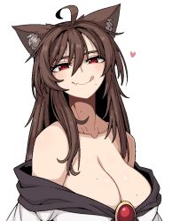1girl ahoge animal_ear_fluff animal_ears bare_shoulders breasts brooch brown_hair collarbone fang formicid hair_between_eyes heart imaizumi_kagerou jewelry large_breasts long_hair looking_at_viewer mole mole_under_mouth red_brooch red_eyes simple_background smile solo tongue tongue_out touhou white_background wolf_ears wolf_girl