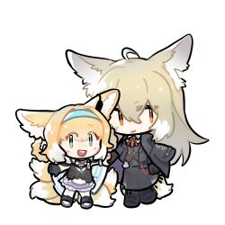 2girls animal_ears arknights black_gloves black_jacket blonde_hair blue_hairband chibi closed_mouth commission earpiece fox_ears fox_girl fox_tail gloves green_eyes hairband highres jacket kitsune korean_commentary kyuubi mother_and_daughter multiple_girls multiple_tails nyoggi1 open_mouth orange_eyes second-party_source simple_background suzuran_(arknights) tail teeth upper_teeth_only vulpisfoglia_(arknights) white_background