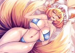 1girl bikini blonde_hair blush breasts covered_erect_nipples cowboy_shot fangs fox_girl fox_tail gluteal_fold hand_on_own_chest hat large_breasts looking_at_viewer lying mob_cap navel nemojona on_back open_mouth solo sweat swimsuit tail thigh_gap touhou wide_hips yakumo_ran yellow_eyes