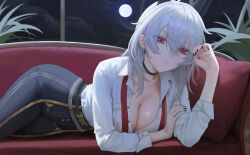 1girl absurdres black_choker black_horns black_nails black_pants breasts choker closed_mouth collared_shirt commentary couch curled_horns earrings full_moon grey_hair hair_between_eyes high-waist_pants highres horns jewelry junmin key_earrings large_breasts looking_at_viewer loose_necktie moon multicolored_hair nail_polish necktie night on_couch pants red_eyes red_necktie shirt shirt_tucked_in solo streaked_hair tight_clothes tight_pants white_shirt wuthering_waves zani_(wuthering_waves)