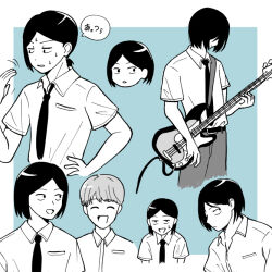 2boys :d alternate_hairstyle aqua_background audio_cable bass_guitar belt bowl_cut breast_pocket closed_eyes collared_shirt commentary_request cropped_legs dress_shirt fanning_self futsuu_no_keion-bu greyscale_with_colored_background head_only holding holding_bass_guitar holding_instrument hot instrument looking_to_the_side male_focus multiple_boys multiple_views nabeshima_nabeo necktie open_mouth pants parted_bangs pocket ponytail school_uniform shirt short_hair short_ponytail short_sleeves smile speech_bubble standing sweat taguchi_ryuuya takami_kouki upper_body
