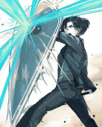 1boy beam black_hair black_jacket black_pants brown_eyes constantine_xi_(fate) curtained_hair debris earrings fate/grand_order fate_(series) feet_out_of_frame hair_between_eyes highres holding holding_shield jacket jewelry looking_ahead lv1na_ura male_focus open_mouth pants shield short_hair solo standing suit_jacket sword teeth upper_teeth_only v-shaped_eyebrows weapon
