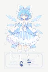 1girl absurdres back_bow blue_bow blue_dress blue_eyes blue_hair blue_shoes blush bow bowtie cirno closed_mouth collared_dress commentary contrast_collar detached_wings dress frilled_dress frilled_socks frills full_body grey_background hair_bow highres ice ice_wings kneehighs long_sleeves looking_at_viewer nikorashi-ka shoes short_hair simple_background socks solo standing symbol-only_commentary touhou watermark white_bow white_bowtie white_socks wings