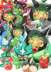 carrot_summer closed_mouth dipplin fangs fezandipiti highres holding holding_mask mask munkidori nintendo no_humans ogerpon ogerpon_(cornerstone_mask) ogerpon_(hearthflame_mask) ogerpon_(teal_mask) ogerpon_(wellspring_mask) okidogi one_eye_closed open_mouth pokemon pokemon_(creature) sinistcha smile star-shaped_pupils star_(symbol) symbol-shaped_pupils unworn_mask yellow_eyes