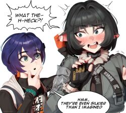 2girls animal_ears belle_(zenless_zone_zero) black_hair blue_hair blush eweedraws fingerless_gloves gloves green_eyes hand_on_another&#039;s_ear hand_on_own_face highres jane_doe_(zenless_zone_zero) mouse_ears mouse_girl mouse_tail multiple_girls tail uncommon_stimulation yuri zenless_zone_zero