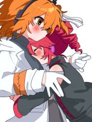 2girls a.i._voice adachi_rei black_shirt blush closed_eyes detached_sleeves drill_hair from_side gloves haru_maron highres hug jacket kasane_teto kasane_teto_(utau) long_sleeves medium_hair multiple_girls open_clothes open_jacket orange_eyes orange_hair red_hair shirt sleeveless sleeveless_shirt turtleneck twin_drills upper_body utau white_gloves white_jacket yuri