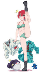 1girl amate_yuzuriha aqua_eyes aqua_shirt aqua_skirt beanie black_panties boots boyshort_panties bra breasts closed_mouth commentary_request full_body grey_boots grey_socks gundam gundam_gquuuuuux hambrabi haro hat highres long_sleeves looking_at_viewer noto_(soranoto) panties purple_hat red_hair shirt short_hair simple_background skirt socks split standing standing_on_one_leg standing_split surprised sweater underwear unworn_clothes white_background zeta_gundam
