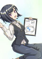 Rule 34 | 1girl, absurdres, asymmetrical bangs, black hair, black vest, blue pants, breasts, buttons, clipboard, dated, hair ornament, highres, holding, holding clipboard, kiryuuin aoi, light blush, long sleeves, looking at viewer, open mouth, pants, purple eyes, shirt, short hair, simple background, solo, tsukaasa, umamusume, vest, white shirt, wing collar