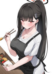 1girl absurdres apron bandaid bandaid_on_finger bento black_apron black_hair black_halo blue_archive breasts chopsticks cleavage collarbone food halo high_ponytail highres holding holding_chopsticks large_breasts long_hair looking_at_viewer ponytail red_eyes rio_(blue_archive) shirt solo suiroh_(shideoukami) very_long_hair white_shirt