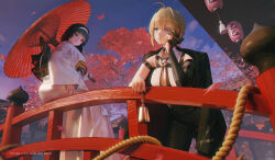 2girls ahoge astra_yao bell black_hair black_jacket black_pants blonde_hair blue_sky bridge commentary_request evelyn_chevalier hairband highres holding holding_bell holding_umbrella jacket japanese_clothes jolker kimono long_hair looking_at_another multiple_girls oil-paper_umbrella pants pink_kimono purple_eyes red_eyes shirt sitting sky tree umbrella white_hairband white_shirt wooden_bridge zenless_zone_zero