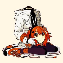 1girl a.i._voice absurdres adachi_rei android black_shirt cable closed_mouth coat disembodied_head full_body gloves hair_ribbon hairband headless highres holding_detached_head joints long_sleeves looking_at_viewer one_side_up orange_eyes orange_hair ribbon robot_joints shirt shoes short_hair simple_background sitting sneakers solo utau virtubear wariza white_coat white_gloves yellow_background