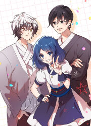 1girl 2boys blue_eyes blue_hair character_request crossed_arms dress hand_on_own_hip korean_clothes multiple_boys nari_on semi_(semi_wa_magic_cube) semi_wa_magic_cube short_hair spiked_hair v white_dress yellow_eyes
